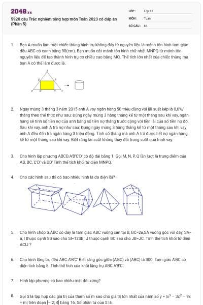 5920 câu Trắc nghiệm tổng hợp môn Toán 2023 có đáp án (Phần 5)