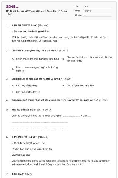 Bộ 10 đề thi cuối kì 2 Tiếng Việt lớp 1 Cánh diều có đáp án - Đề 1