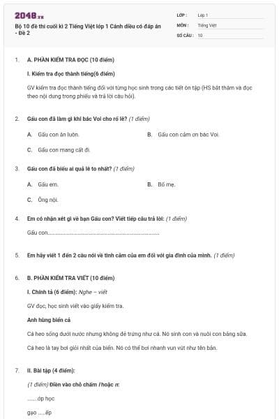 Bộ 10 đề thi cuối kì 2 Tiếng Việt lớp 1 Cánh diều có đáp án - Đề 2