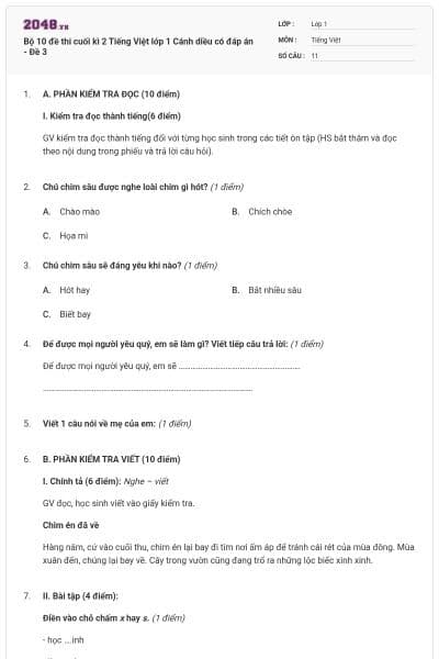Bộ 10 đề thi cuối kì 2 Tiếng Việt lớp 1 Cánh diều có đáp án - Đề 3
