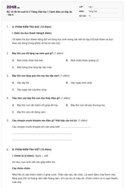 Bộ 10 đề thi cuối kì 2 Tiếng Việt lớp 1 Cánh diều có đáp án - Đề 4