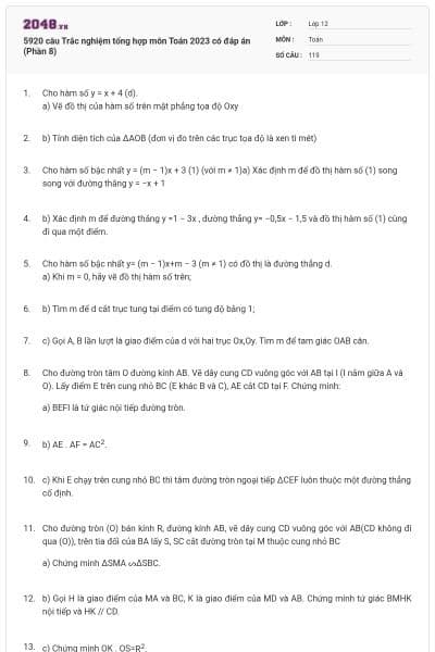 5920 câu Trắc nghiệm tổng hợp môn Toán 2023 có đáp án (Phần 8)