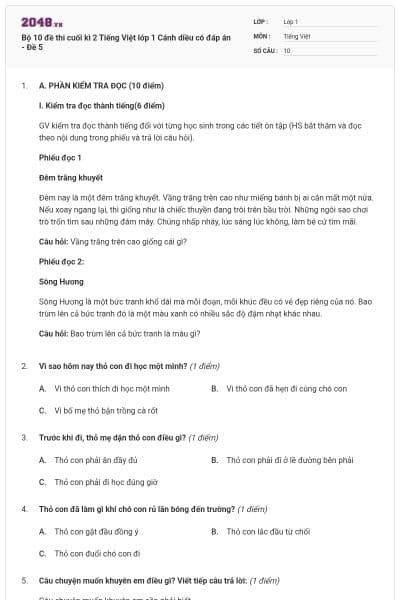 Bộ 10 đề thi cuối kì 2 Tiếng Việt lớp 1 Cánh diều có đáp án - Đề 5