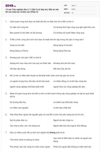 14 câu  Trắc nghiệm Địa Lí 11 Bài 5 (có đáp án): Một số vấn đề của châu lục và khu vực (Phần 2)