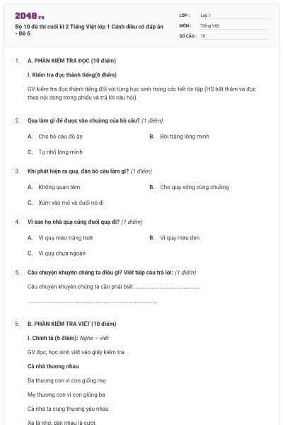Bộ 10 đề thi cuối kì 2 Tiếng Việt lớp 1 Cánh diều có đáp án - Đề 6