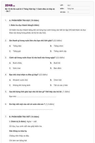 Bộ 10 đề thi cuối kì 2 Tiếng Việt lớp 1 Cánh diều có đáp án - Đề 7