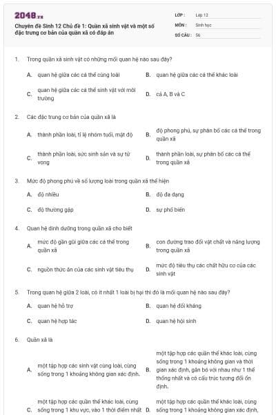 Chuyên đề Sinh 12 Chủ đề 1: Quần xã sinh vật và một số đặc trưng cơ bản của quần xã có đáp án