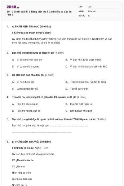 Bộ 10 đề thi cuối kì 2 Tiếng Việt lớp 1 Cánh diều có đáp án - Đề 8