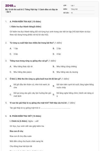 Bộ 10 đề thi cuối kì 2 Tiếng Việt lớp 1 Cánh diều có đáp án - Đề 9