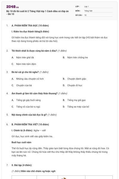 Bộ 10 đề thi cuối kì 2 Tiếng Việt lớp 1 Cánh diều có đáp án - Đề 10