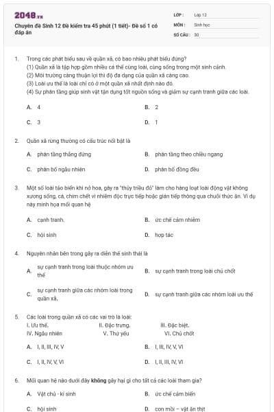 Chuyên đề Sinh 12  Đề kiểm tra 45 phút (1 tiết)- Đề số 1 có đáp án