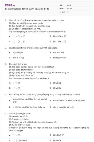 Đề kiểm tra chuyên đề Sinh học 11 có đáp án (Đề 1)