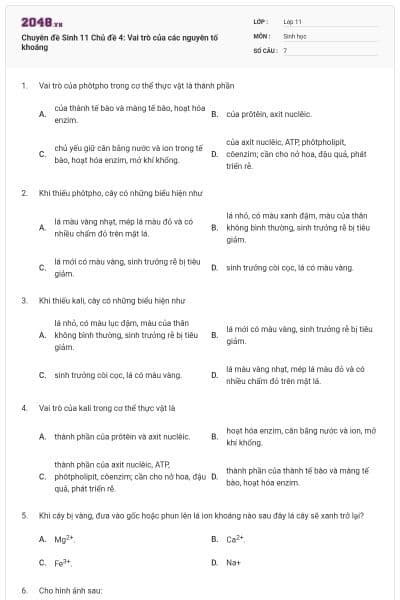 Chuyên đề Sinh 11 Chủ đề 4: Vai trò của các nguyên tố khoáng