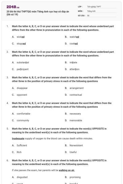 20 Đề thi thử THPTQG môn Tiếng Anh cực hay có đáp án (Đề số 19)