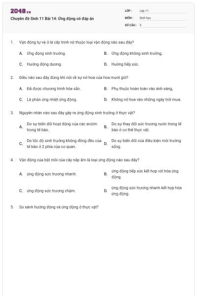 Chuyên đề Sinh 11 Bài 14: Ứng động có đáp án