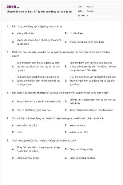 Chuyên đề Sinh 11 Bài 18: Tập tính của động vật có đáp án