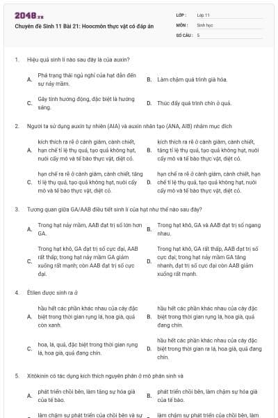 Chuyên đề Sinh 11 Bài 21: Hoocmôn thực vật có đáp án