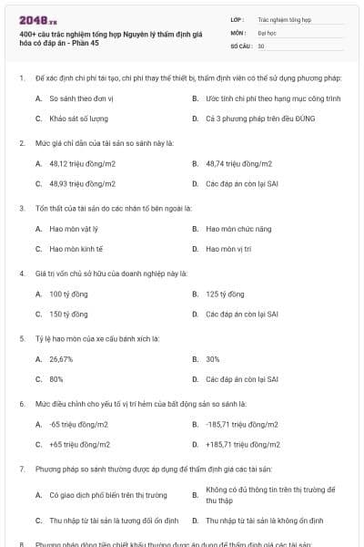 400+ câu trắc nghiệm tổng hợp Nguyên lý thẩm định giá hóa có đáp án - Phần 45