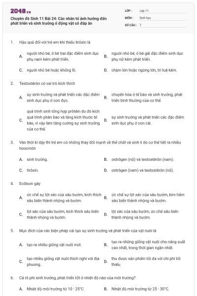 Chuyên đề Sinh 11 Bài 24: Các nhân tố ảnh hưởng đến phát triển và sinh trưởng ở động vật có đáp án