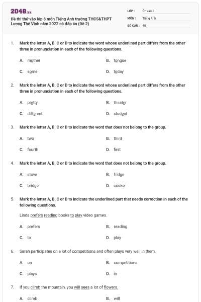 Đề thi thử vào lớp 6 môn Tiếng Anh trường THCS&THPT Lương Thế Vinh năm 2022 có đáp án (Đề 2)