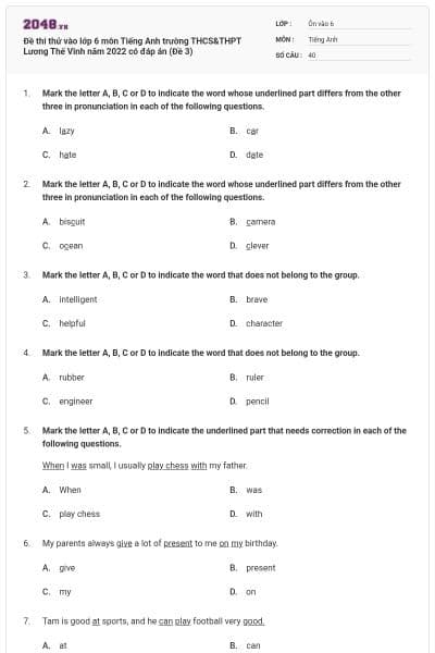 Đề thi thử vào lớp 6 môn Tiếng Anh trường THCS&THPT Lương Thế Vinh năm 2022 có đáp án (Đề 3)