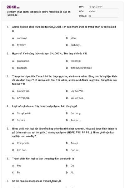 Đề tham khảo ôn thi tốt nghiệp THPT môn Hóa có đáp án (Đề số 23)