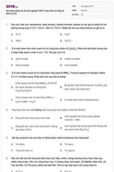 Đề tham khảo ôn thi tốt nghiệp THPT môn Hóa có đáp án (Đề số 24)