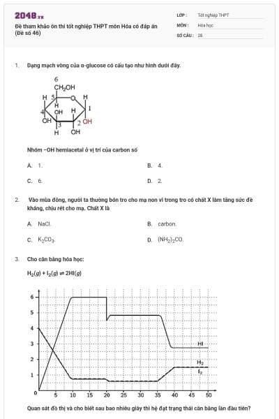 Đề tham khảo ôn thi tốt nghiệp THPT môn Hóa có đáp án (Đề số 46)