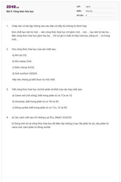 Bài 9: Công thức hóa học