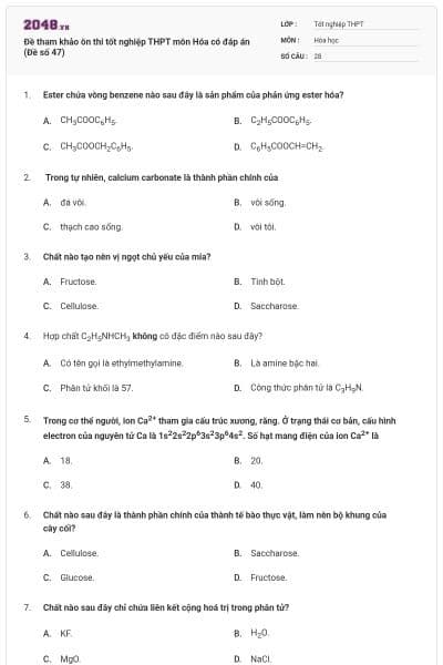 Đề tham khảo ôn thi tốt nghiệp THPT môn Hóa có đáp án (Đề số 47)