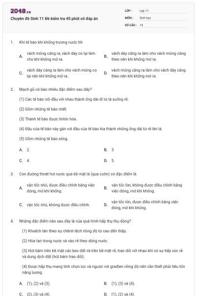 Chuyên đề Sinh 11 Đề kiểm tra 45 phút có đáp án