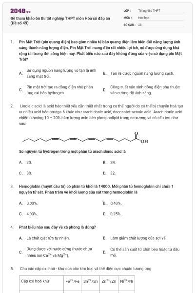 Đề tham khảo ôn thi tốt nghiệp THPT môn Hóa có đáp án (Đề số 49)
