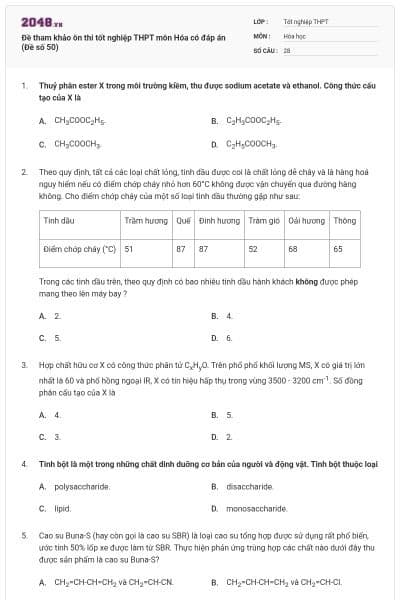 Đề tham khảo ôn thi tốt nghiệp THPT môn Hóa có đáp án (Đề số 50)