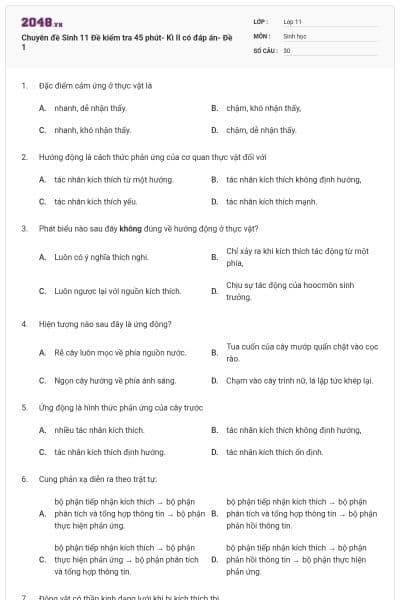 Chuyên đề Sinh 11 Đề kiểm tra 45 phút- Kì II có đáp án- Đề 1