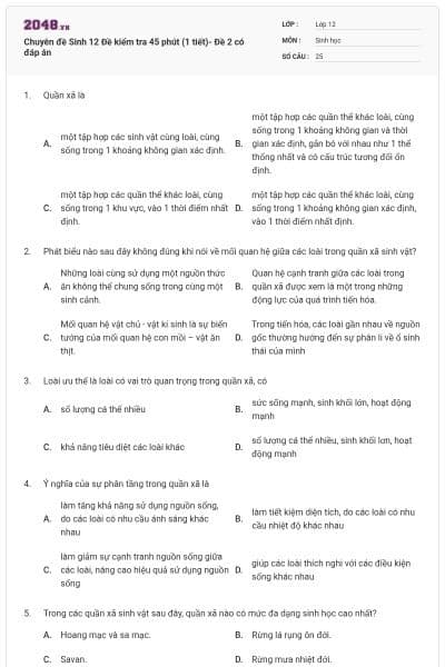 Chuyên đề Sinh 12 Đề kiểm tra 45 phút (1 tiết)- Đề 2 có đáp án