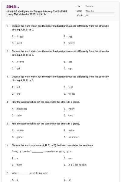 Đề thi thử vào lớp 6 môn Tiếng Anh trường THCS&THPT Lương Thế Vinh năm 2020 có đáp án