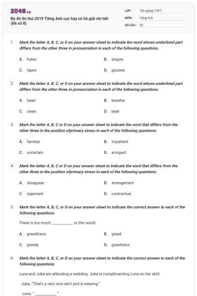Bộ đề thi thử 2019 Tiếng Anh cực hay có lời giải chi tiết (Đề số 8)