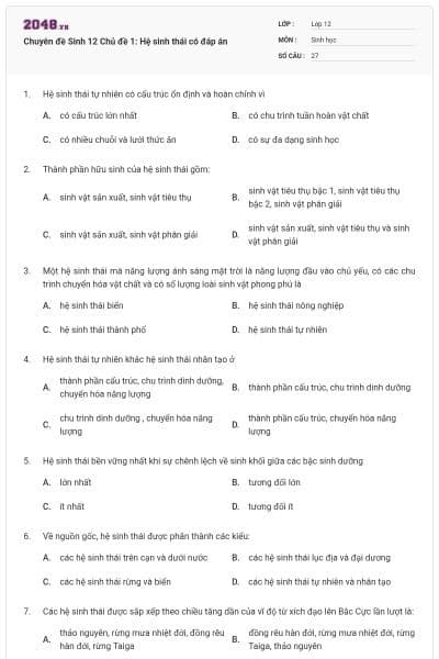 Chuyên đề Sinh 12 Chủ đề 1: Hệ sinh thái có đáp án