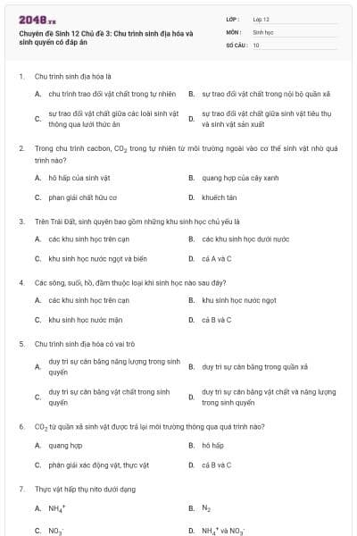 Chuyên đề Sinh 12 Chủ đề 3: Chu trình sinh địa hóa và sinh quyển có đáp án