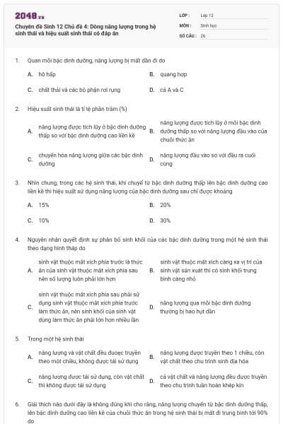Chuyên đề Sinh 12 Chủ đề 4: Dòng năng lượng trong hệ sinh thái và hiệu suất sinh thái có đáp án