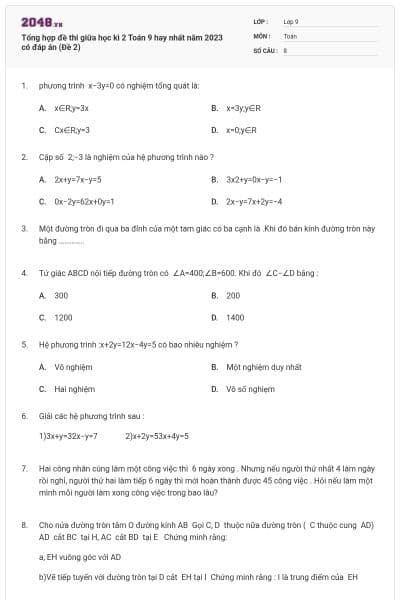 Tổng hợp đề thi giữa học kì 2 Toán 9 hay nhất năm 2023 có đáp án (Đề 2)