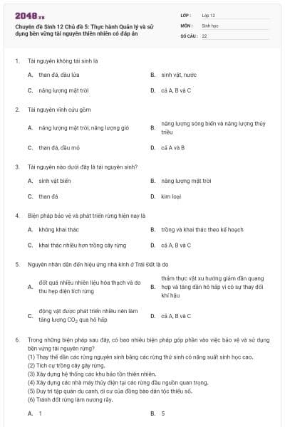 Chuyên đề Sinh 12 Chủ đề 5: Thực hành Quản lý và sử dụng bền vững tài nguyên thiên nhiên có đáp án