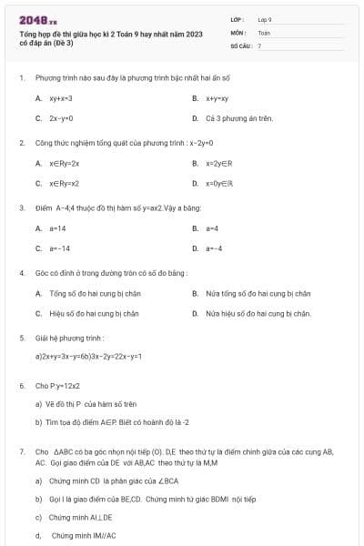 Tổng hợp đề thi giữa học kì 2 Toán 9 hay nhất năm 2023 có đáp án (Đề 3)