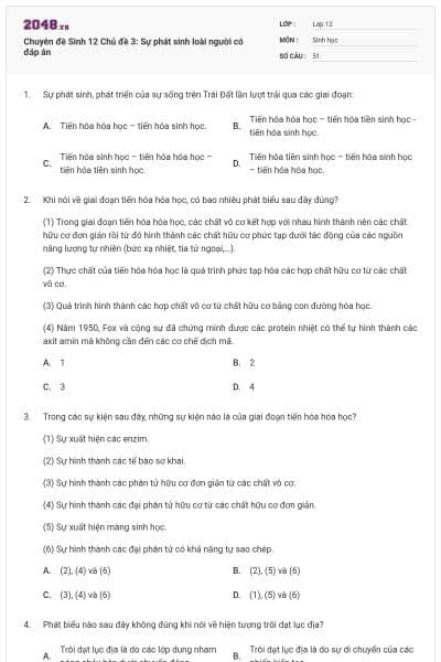 Chuyên đề Sinh 12 Chủ đề 3: Sự phát sinh loài người có đáp án