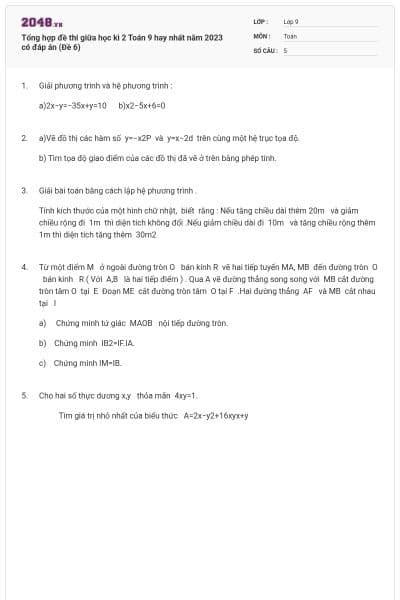 Tổng hợp đề thi giữa học kì 2 Toán 9 hay nhất năm 2023 có đáp án (Đề 6)