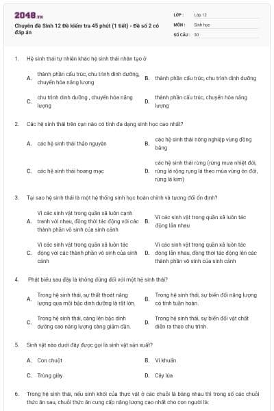 Chuyên đề Sinh 12 Đề kiểm tra 45 phút (1 tiết) - Đề số 2 có đáp án