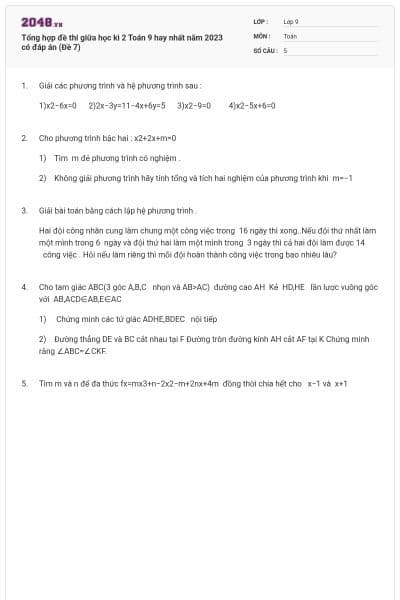 Tổng hợp đề thi giữa học kì 2 Toán 9 hay nhất năm 2023 có đáp án (Đề 7)