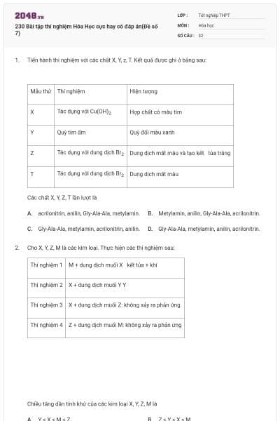 230 Bài tập thí nghiệm Hóa Học cực hay có đáp án(Đề số 7)