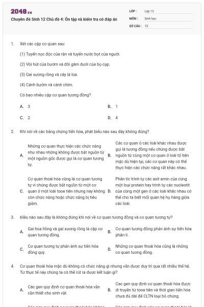 Chuyên đề Sinh 12 Chủ đề 4: Ôn tập và kiểm tra có đáp án