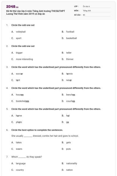 Đề thi thử vào lớp 6 môn Tiếng Anh trường THCS&THPT Lương Thế Vinh năm 2019 có đáp án